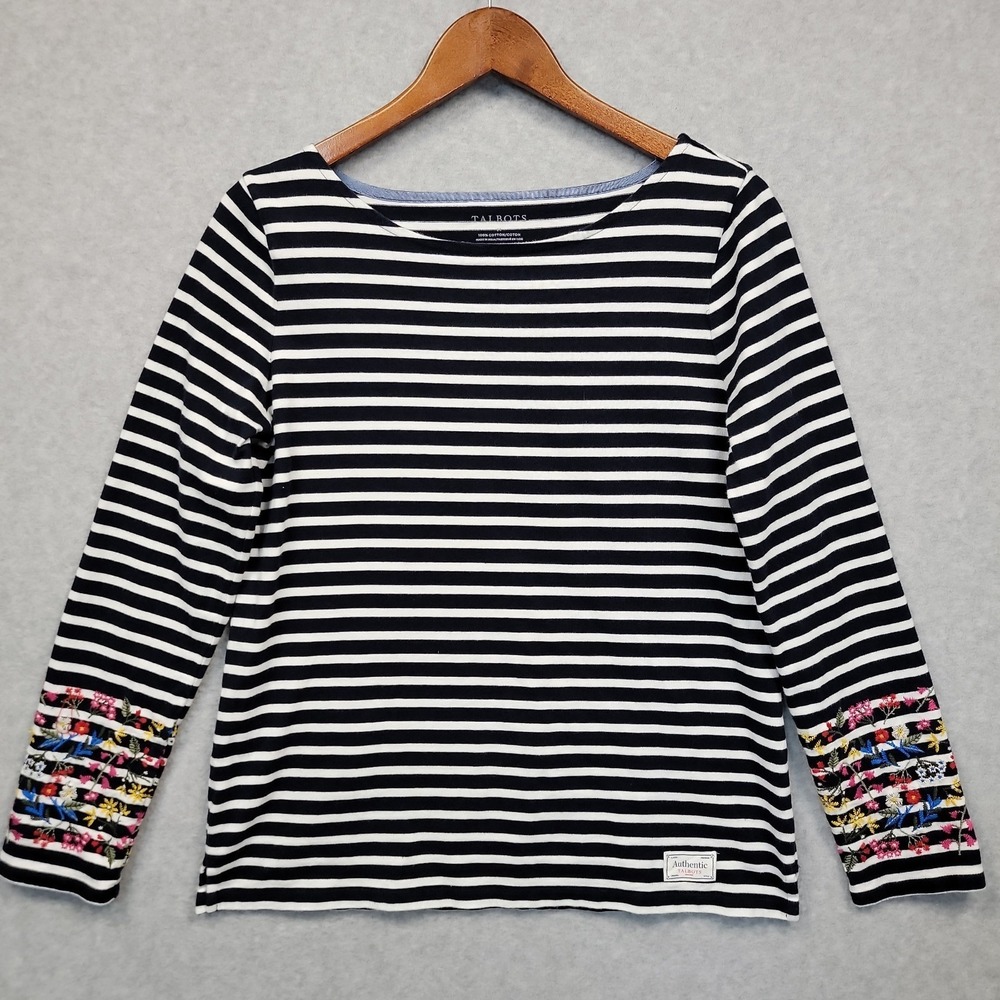 Talbots Embroidered Bateau Neck Navy Fleur Stripe Long Sleeve Tee Shirt Top Sz M